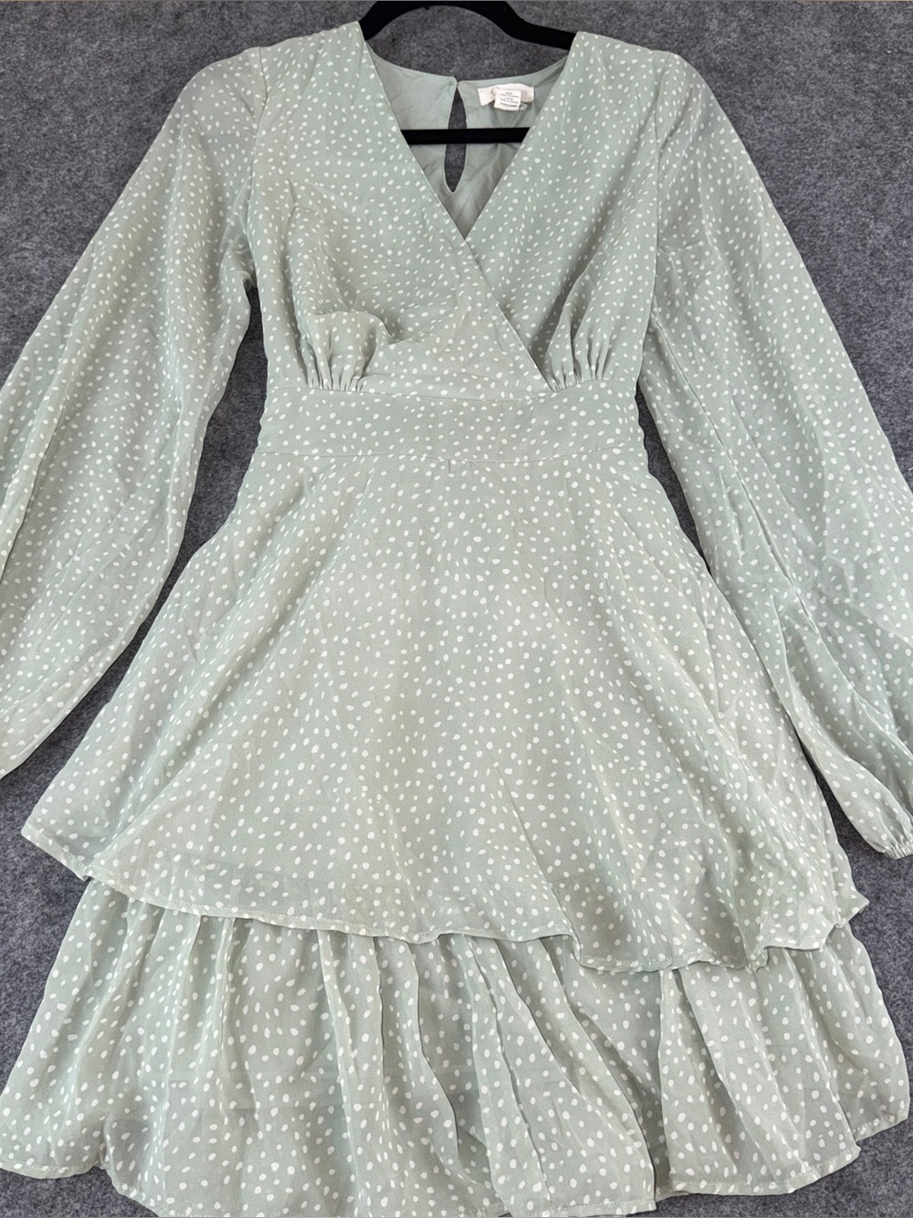 Japna Sage Green Mint Polka Dot Ruffle Mini Dress Long Sleeve Size Medium